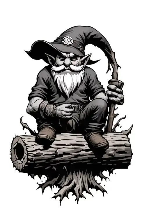 Evil Redcap Gnome Beserker Sitting On Rotten Log