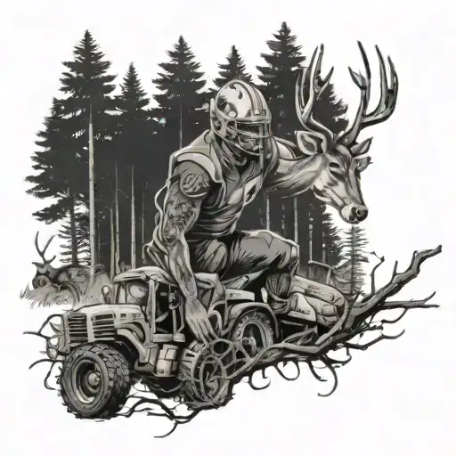 A Football Player Tackling A Deer In A Forest Setting With Heavy Equipment Scattered Around
