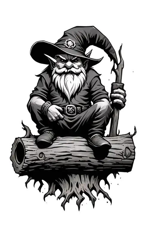 Evil Redcap Gnome Beserker Sitting On Rotten Log