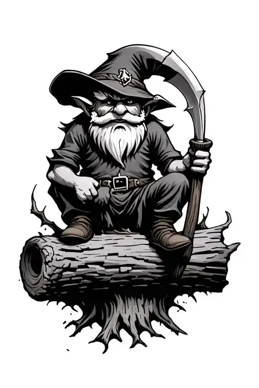 Evil Redcap Gnome Beserker Sitting On Rotten Log Holding Small Hand Scythe
