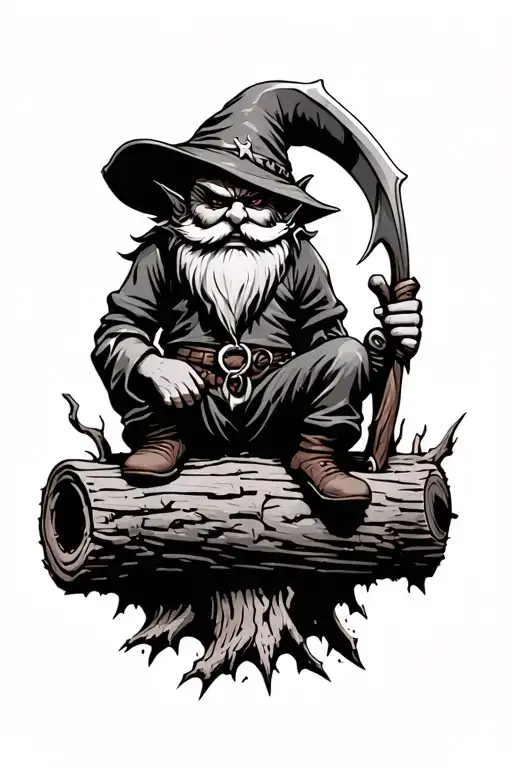 Evil Redcap Gnome Beserker Sitting On Rotten Log Holding Small Hand Scythe