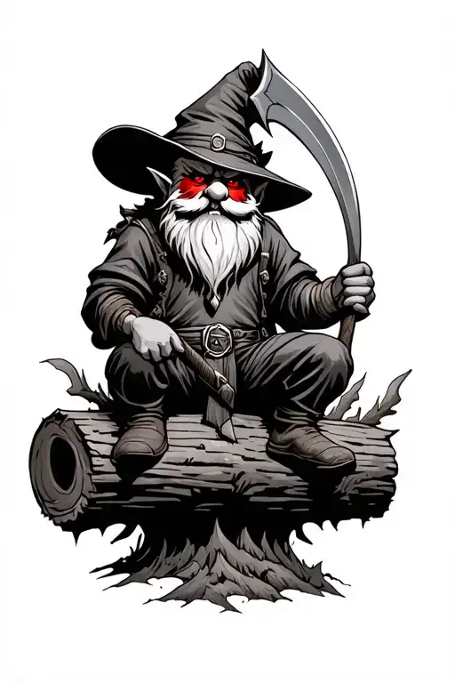 Evil Redcap Gnome Beserker Sitting On Rotten Log Holding Small Hand Scythe