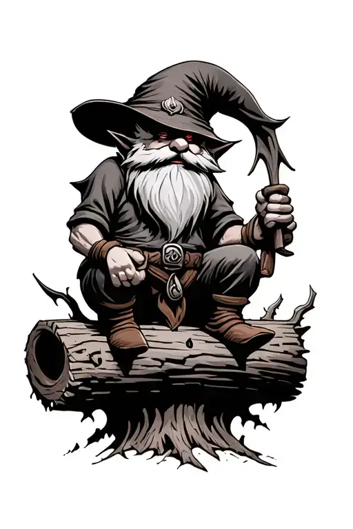 Evil Redcap Gnome Beserker Sitting On Rotten Log Holding Small Hand Scyle