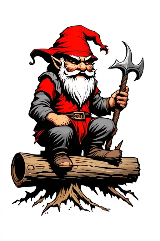 Evil Redcap Gnome Beserker Sitting On Rotten Log Holding Small Hand Scyle