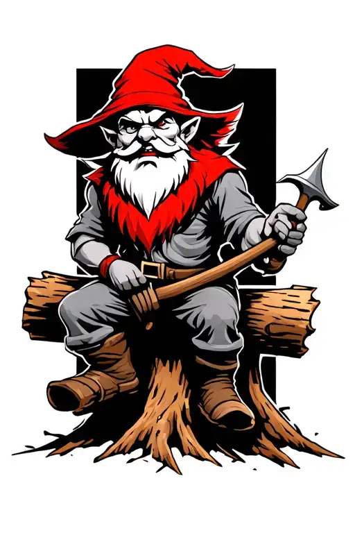 Evil Redcap Gnome Beserker Sitting On Rotten Log Holding Small Hand Scyle
