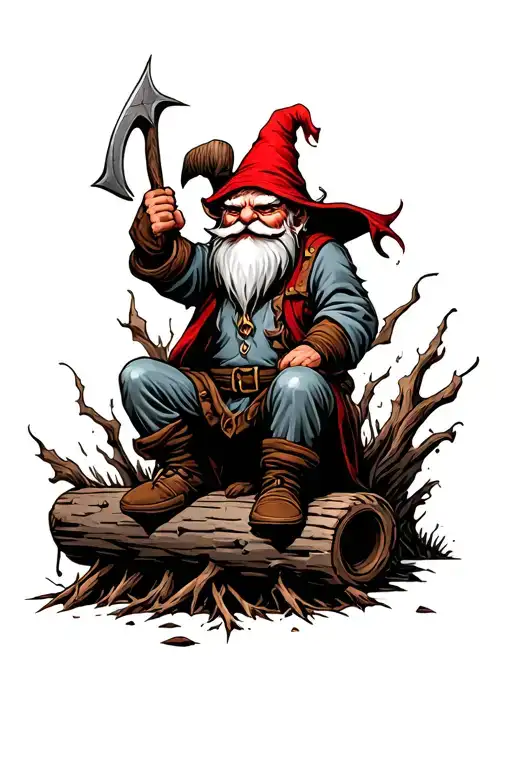 Evil Redcap Gnome Beserker Sitting On Rotten Log Holding Small Hand Scyle