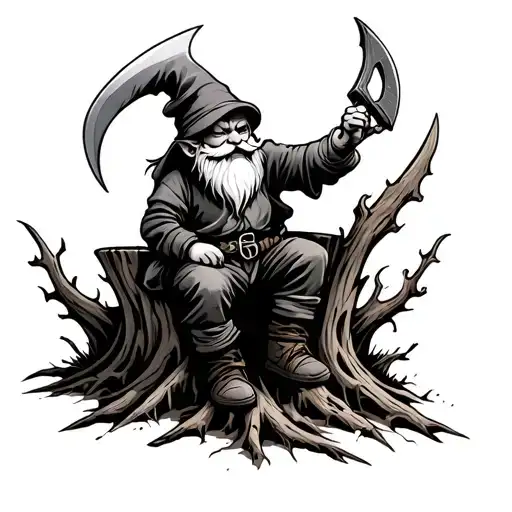 Evil Redcap Gnome Sitting On Rotting Tree Stump Holding A Hand Scythe As A Weapon