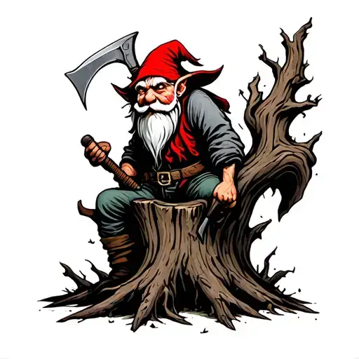 Evil Redcap Gnome Sitting On Rotting Tree Stump Holding A Hand Scythe As A Weapon