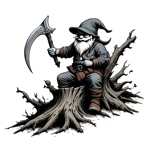 Evil Redcap Gnome Sitting On Rotting Tree Stump Holding A Hand Scythe As A Weapon