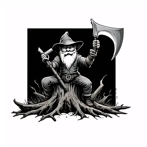 Evil Redcap Gnome Sitting On Rotting Tree Stump Holding A Hand Scythe As A Weapon