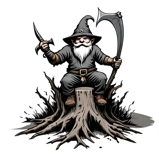Evil Redcap Gnome Sitting On Rotting Tree Stump Holding A Hand Scythe As A Weapon