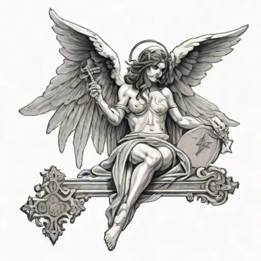 Half Nakedhooded Female Angel Holding A Cross