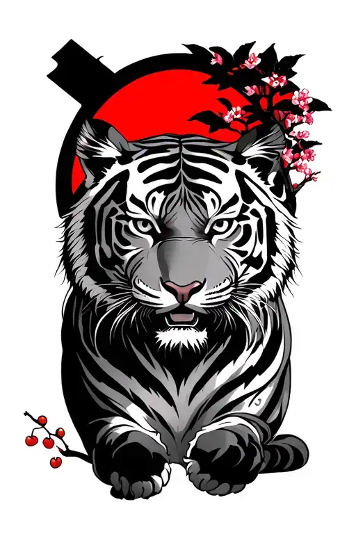 Japanese Tiger With Red Sun And Cherry Blossom Tree