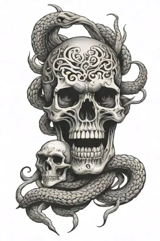 Japanese Sprit Leaving A Skull Surrounded By Snakes