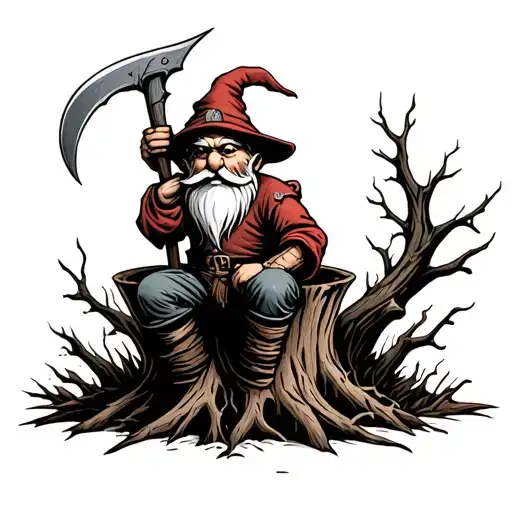 Evil Redcap Gnome Sitting On Rotting Tree Stump Holding A Hand Scythe