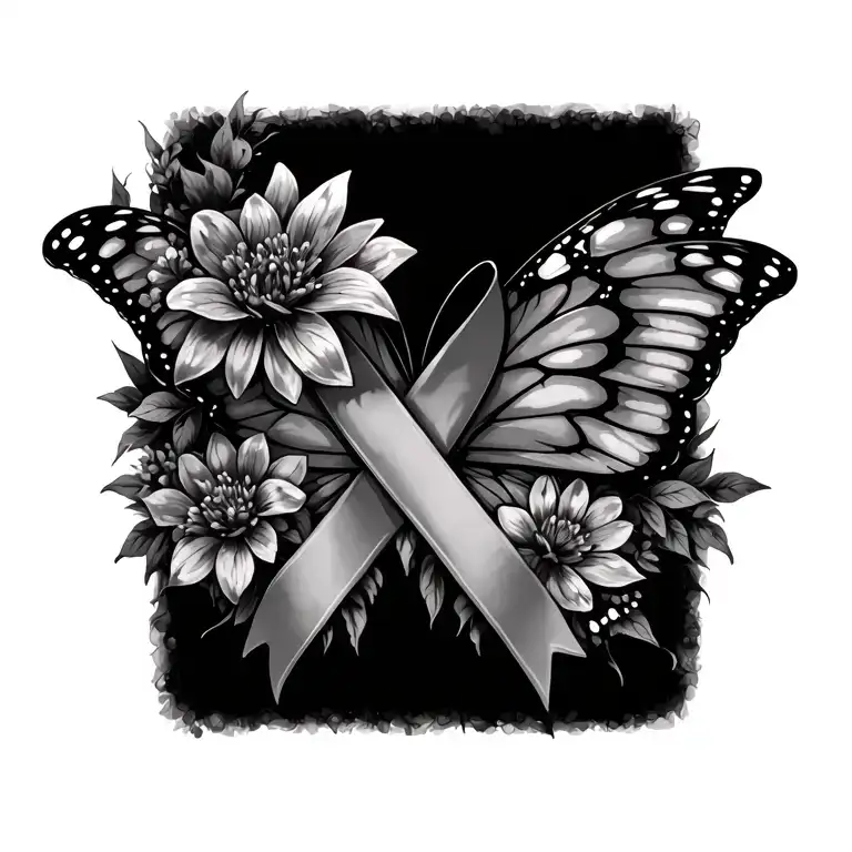 Flowers And Cancer Ribbon With Butterfly Wings