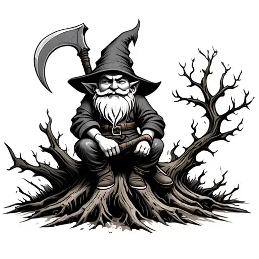 Evil Redcap Gnome Sitting On Rotting Tree Stump Holding A Hand Scythe Sideview