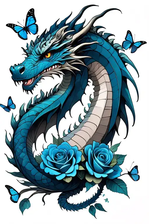 Dragon With Blue Roses And Butterflies
