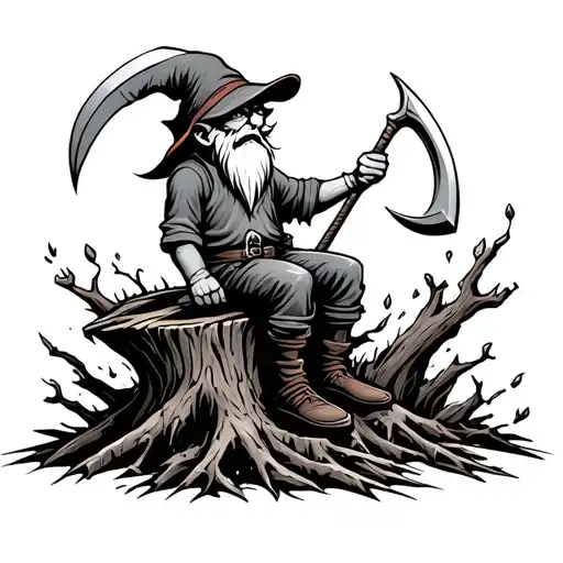 Evil Redcap Gnome Sitting On Rotting Tree Stump Holding A Hand Scythe Sideview