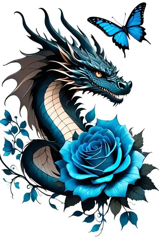 Black Dragon With Blue Roses And Butterflies Flying