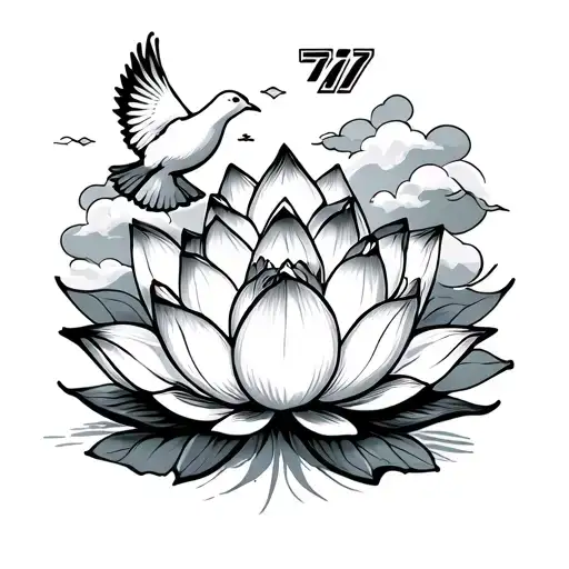 A Lotus Flower With Some Clouds A Dove And The Number 777