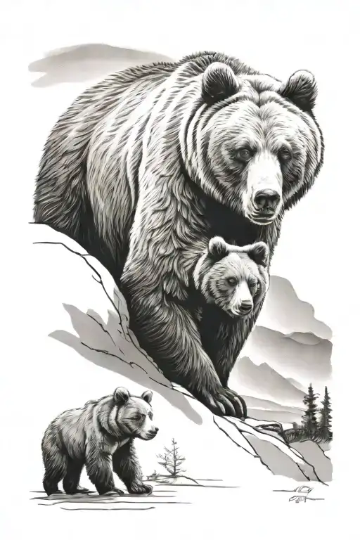 Grizzly Bear Teaching Cub To Hunt Inspired