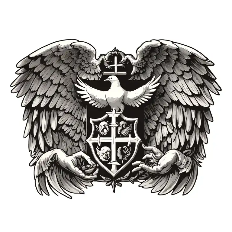 Coat Of Arms With Pair Wing Of Dove And Cross And Hand Of God Father On Top