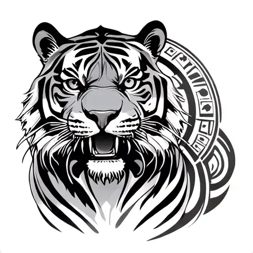 Tribal Tiger With Circle And Hieroglyphics