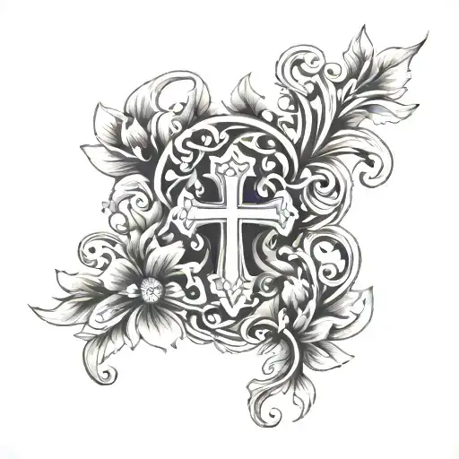 Under-chest Tattoo With Floral Vines Design And Cross