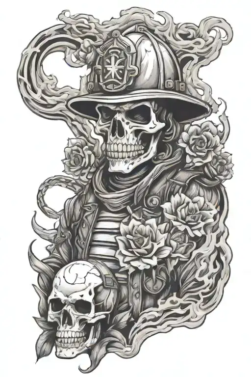 Skeleton Firefighter With Cracked Mask Holding Flower Surrounded By Burning Buildings