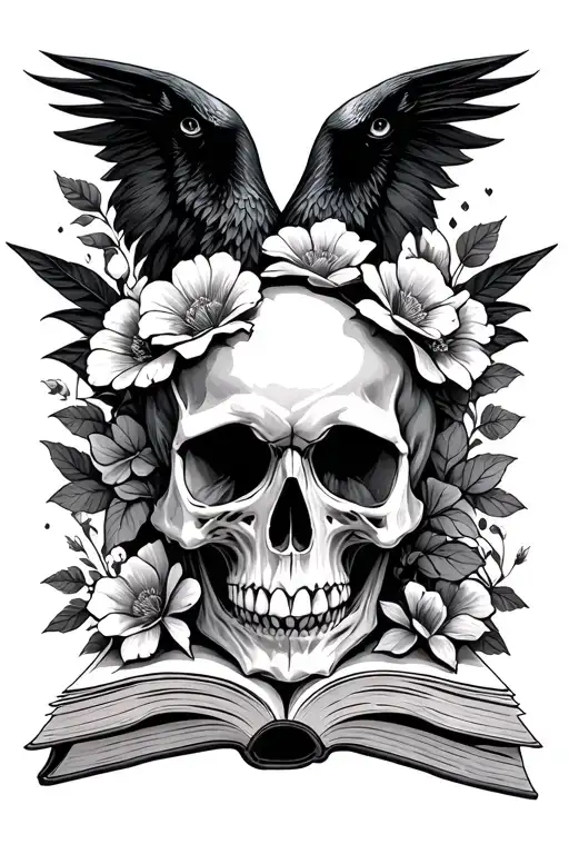 Books Skull Floral Raven