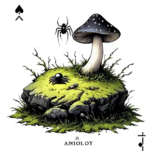 Tarot Card With A Little Mushroom On A Mossy Rock With A Tiny Spider Hanging From It