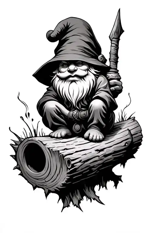 Evil Redcap Gnome Sitting On Log