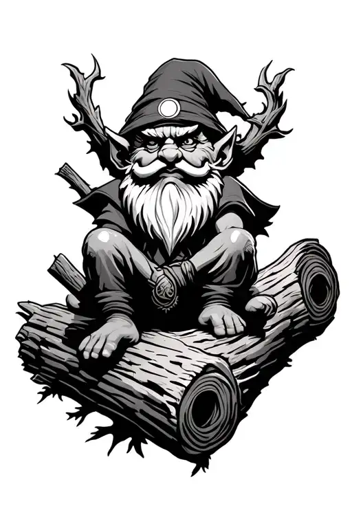 Evil Redcap Gnome Sitting On Log