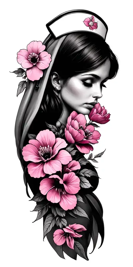 Nurse And Pink Flowers Wrapped