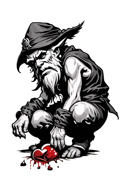 Evil Redcap Gnome Kneeling Over A Bloody Heart