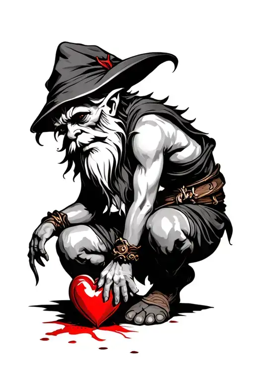Evil Redcap Gnome Kneeling Over A Bloody Heart