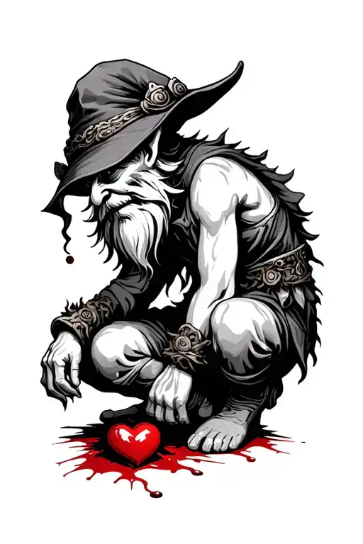 Evil Redcap Gnome Kneeling Over A Bloody Heart
