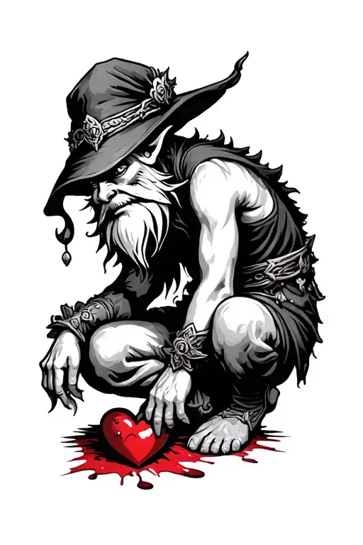 Evil Redcap Gnome Kneeling Over A Bloody Heart