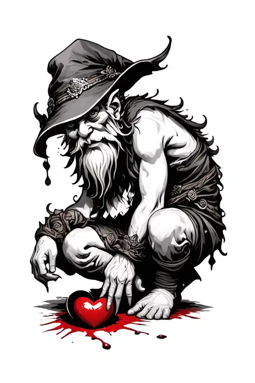 Evil Redcap Gnome Kneeling Over A Bloody Heart
