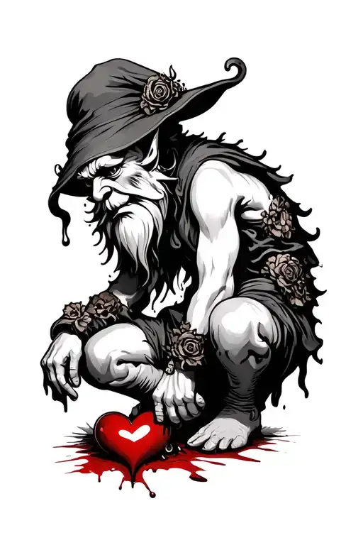 Evil Redcap Gnome Kneeling Over A Bloody Heart