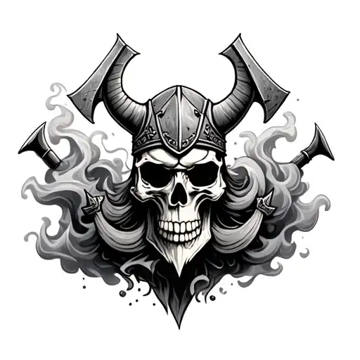 Viking Skull With Smoke Swirling And Axes In The Background