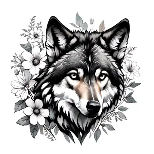 Female Wolf With 6 Different Rare Flowers Blooming Around Her