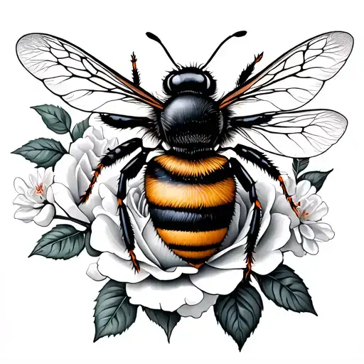 Bee And Rose And Honeysuckle Flowers