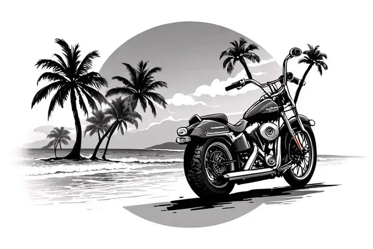 California Beach With Palm Trees And A Harley Davidson Style Motorcycle