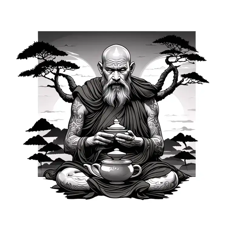 Monk With His Back Drinking Tea