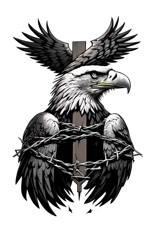 Cross With Eagle Face In It Wrapped In Barbed Wire