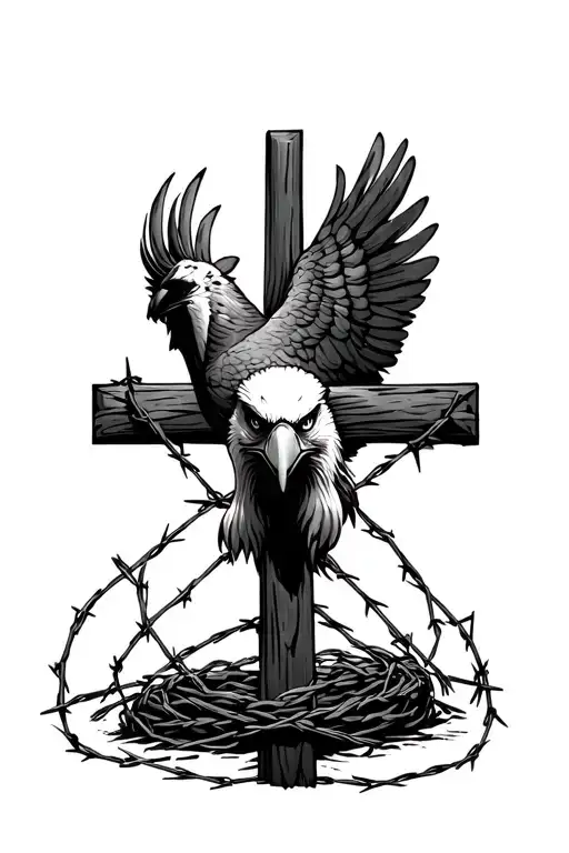 Rugged Cross With Eagle Face Inside Wrapped In Barbed Wire