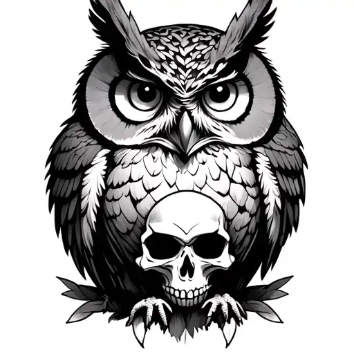 Owl With Skull On Stomach Black And White