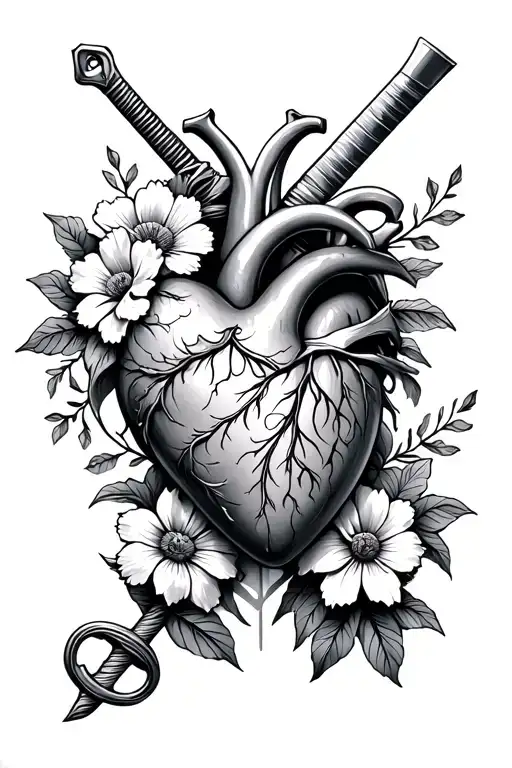 Human Heart With Flowers And A Cross Sword